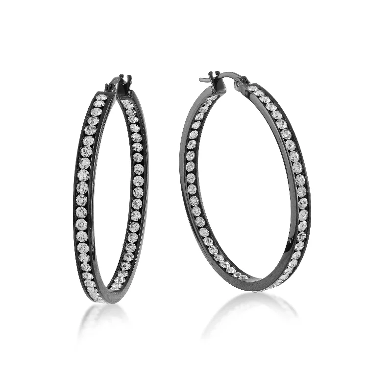 40mm Italgem Stainless Steel Black CZ Hoop Earrings