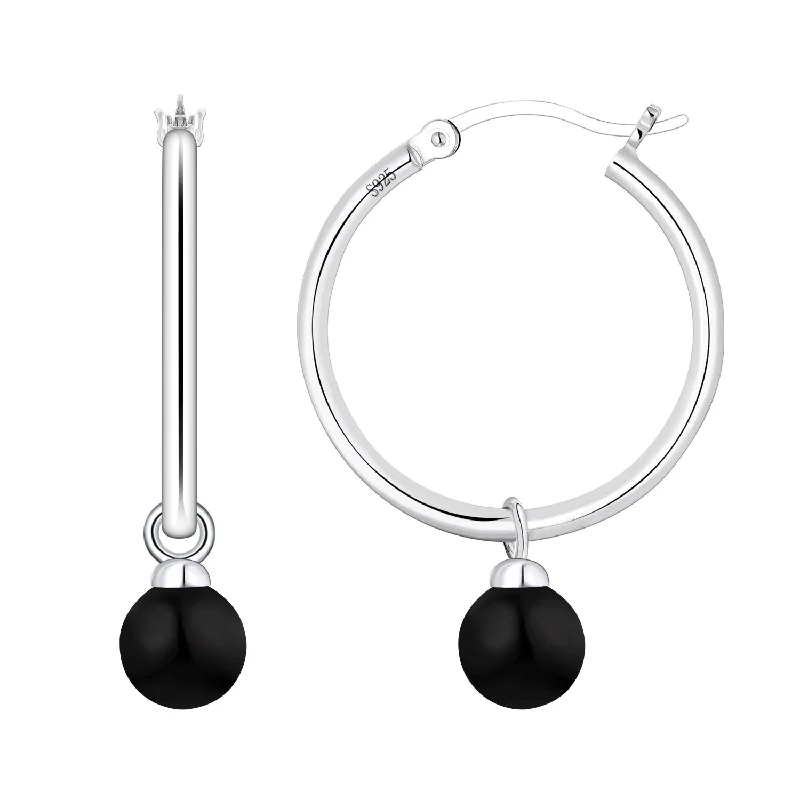 Casablanca Sterling Silver Black Pearl Hoop Earrings