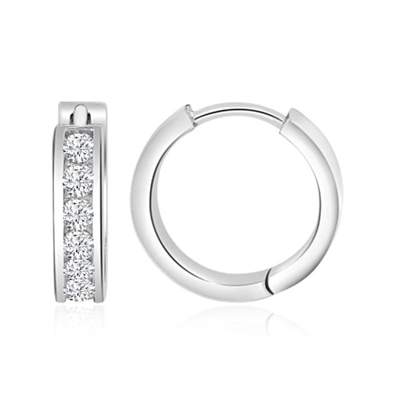 Channel Set Sterling Silver Huggie Hoop Earrings