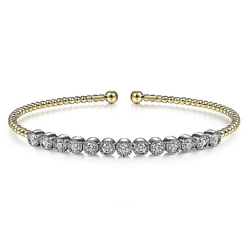 Gabriel & Co. 14k White and Yellow Gold Bujukan Cuff Bracelet with Bezel Set White Gold Diamonds