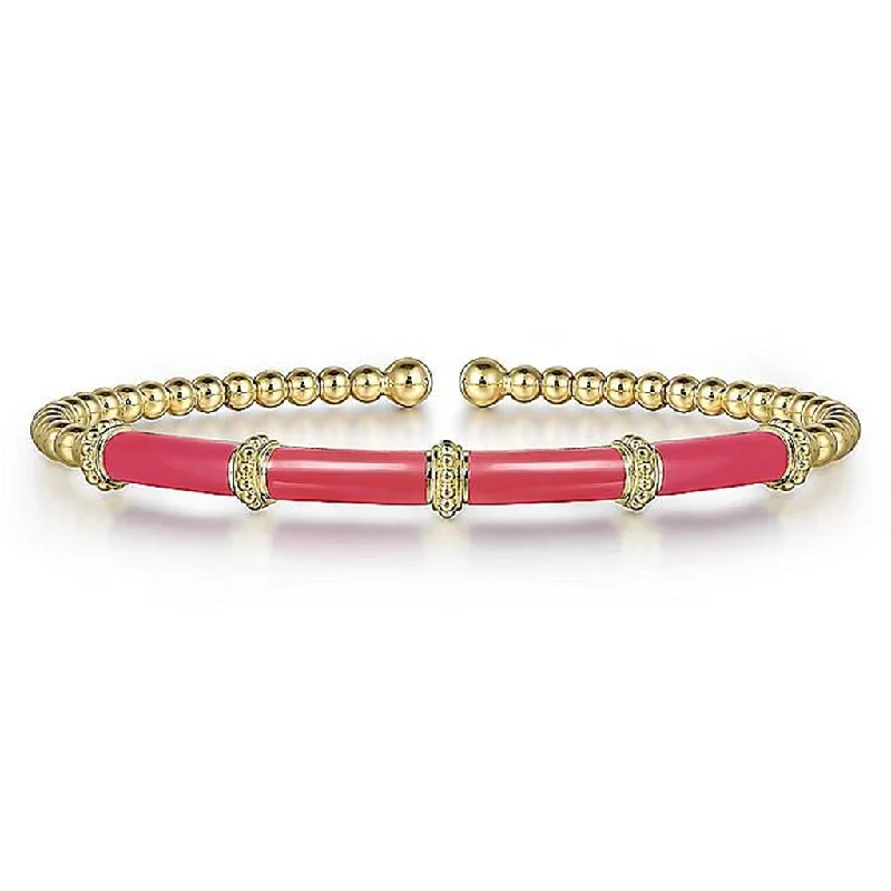 Gabriel & Co. 14K Yellow Gold Bujukan Beads Split Bangle with Pink Enamel