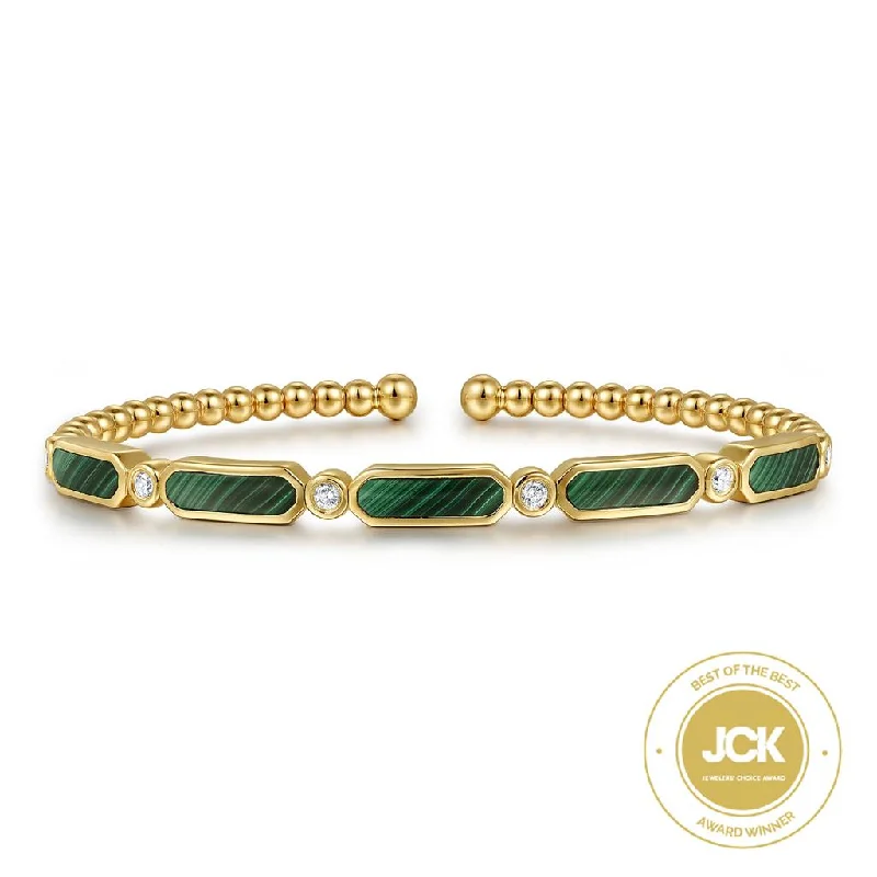 Gabriel & Co. 14k Yellow Gold Diamond and Malachite Bujukan Bangle Bracelet