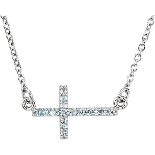 14KT GOLD 0.17 CTW ROUND AQUAMARINE SIDEWAYS CROSS NECKLACE