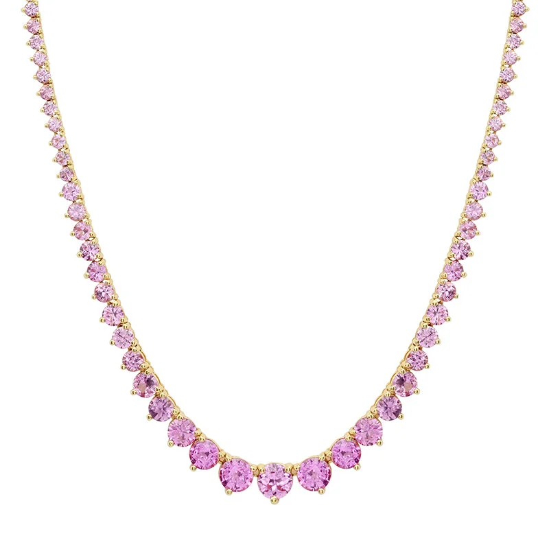 Large Graduated 3-Prong Pink Sapphire Tennis Necklace