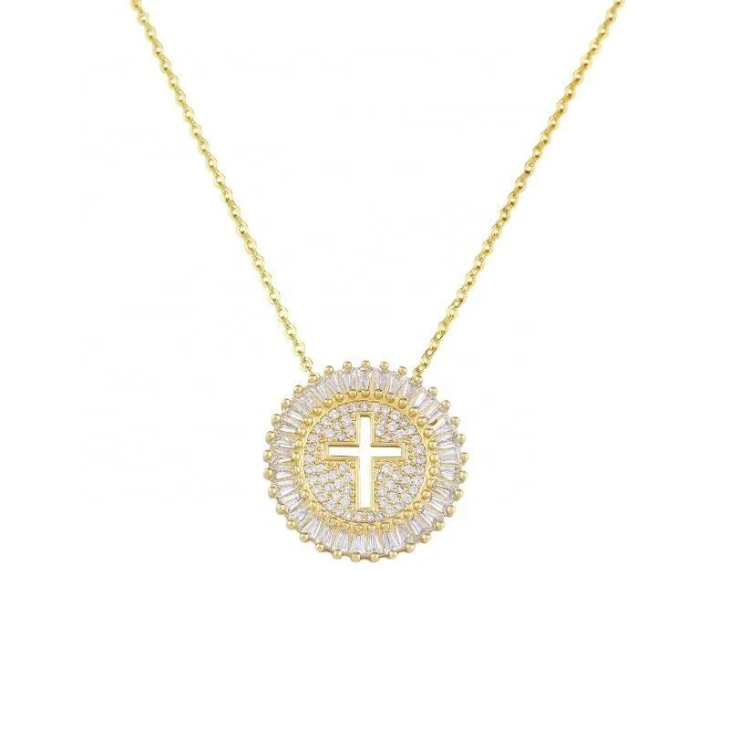 Round Cross Medallion Baguette Micro-Pave Pendant Necklace